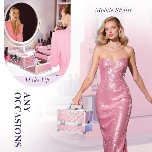 FRENESSA Makeup Train Case 8.85 Inch Portable Makeup Case Organizer Cosmetic Box Make Up Box Makeup Organizer Cosmetic Storage Cases with Locking Nail Kit Organizer Small Travel Case Mermaid Pink