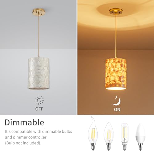LumFurn D7in Gold Capiz Shell Chandelier - Adjustable Coastal Ceiling Light Fixture