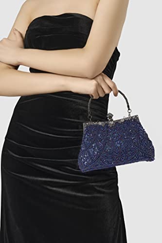 Blue Beaded Sequin Vintage Clutch Evening Bag for Women - 1920s Gatsby Style