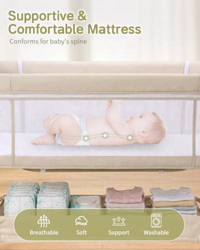 Baby Bassinet Bedside Crib - 3-in-1 Rocking & Folding Bed with Wheels, Adjustable Height, Mesh Sides - Beige