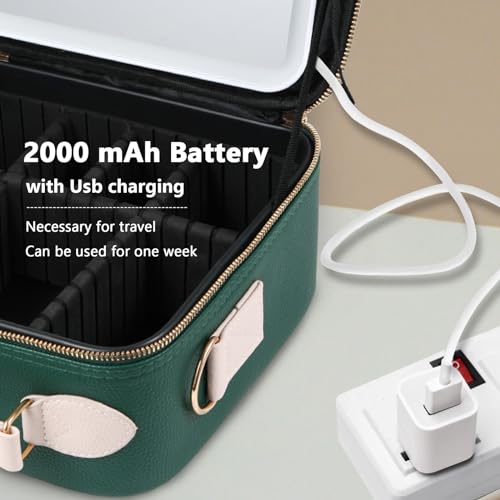 Travel Makeup Bag with Light Up Mirror, Portable Makeup Bag with Led Light Women Waterproof Makeup Travel Case adjustable dividers Rechargeable Vanity Mirror with 3 Color Lights (Green)