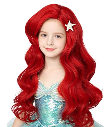 Bright Red Kids Mermaid Wig with Starfish Hair Clips - 21 Inch Curly Costume Wig for Girls