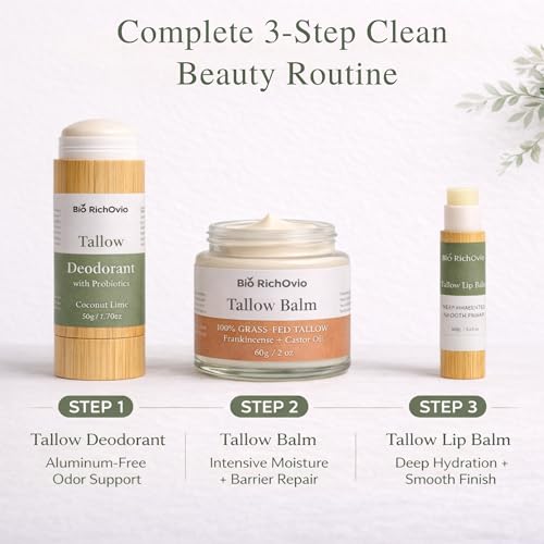 Skincare Gift Set for Women -3 Piece Natural Self Care Kit with Grass Fed Tallow & Probiotic Deodorant, Hydrating Body & Lip Balm ? Clean Beauty Gift For Birthday or Anniversary.