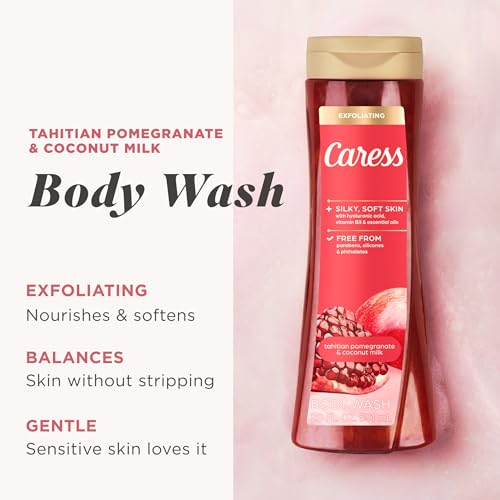 Caress Tahitian Pomegranate & Coconut Milk Exfoliating Body Wash 20oz - Long-Lasting Fragrance & Hydration - 4 Pack