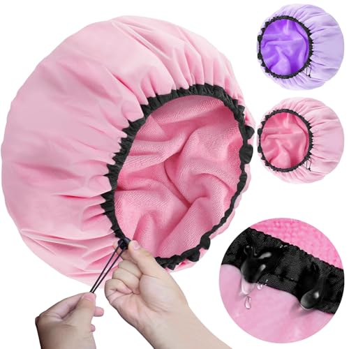 Pink+Purple Large Waterproof Adjustable Shower Cap for Long Hair & Dreadlocks - 2 Pack