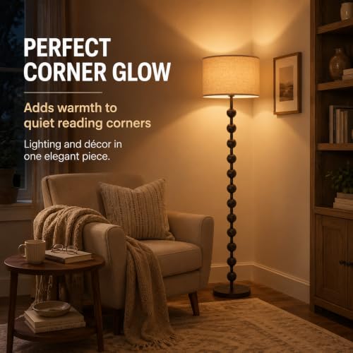 Fetason 63-Inch Modern Farmhouse Dimmable Floor Lamp with Remote Control - Black & Brown Wood Pattern
