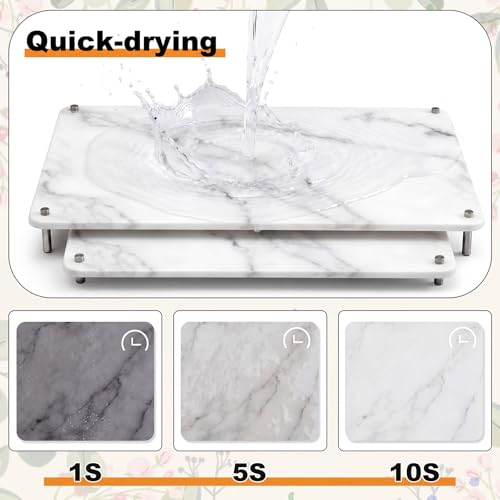 Ferrochef 2-Tier Marble Color Stone Dish Drying Mat Set, Large & Small Kitchen Countertop Drainers