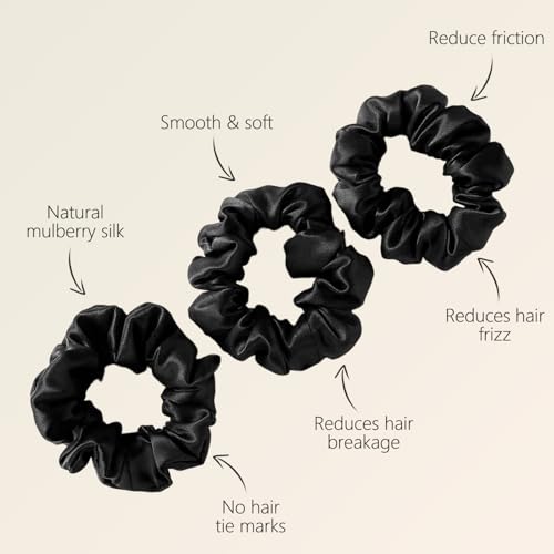 ZIMASILK 100% Mulberry Silk Hair Scrunchies, Best For Women And Girls¡¯ Hair 19 Momme Elastic Hair Bands for Ponytail Holder Gentle And No hurt (3 Pack, Black)