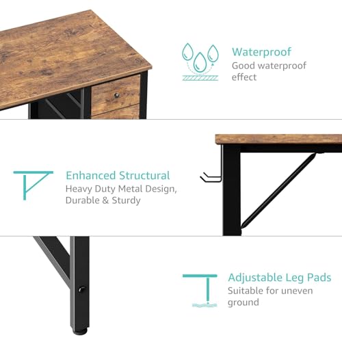 Lufeiya 39.4-Inch Rustic Brown Small Computer Desk with 4 Fabric Drawers, Reversible Kids & Home Office Workspace