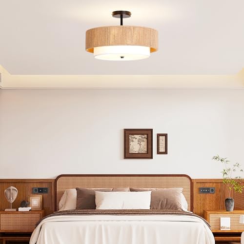 18-Inch Boho Rattan Semi-Flush Mount Ceiling Light for Bedroom