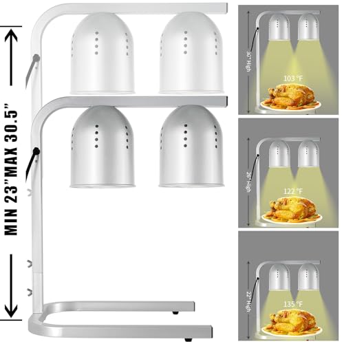 Food Heat Lamp with 2 x 250W Bulbs - Silver, Adjustable Stand, 5000+ Hours