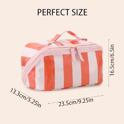 Travel Makeup Bag Pink-Orange Striped Waterproof Cosmetic Organizer