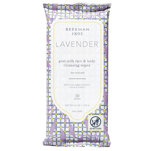 Beekman 1802 Face Wipes ? Makeup Remover Wipes for Face, Facial Cleansing Wipes that Remove Makeup & Dirt, Travel Essentials, Face Wipes with Goat Milk & Aloe, Lavender 30 Count