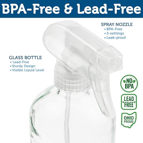 16 oz Refillable Glass Spray Bottles for Plants & Cleaning - Clear & Durable