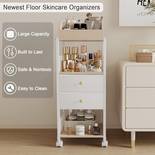 White Floor Makeup Organizer with Drawers and Rolling Casters - ZQUYAJ HZG2402