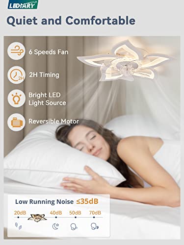 LEDIARY White Flower Shaped Ceiling Fan with Light, Low Profile, Dimmable LED & App Control