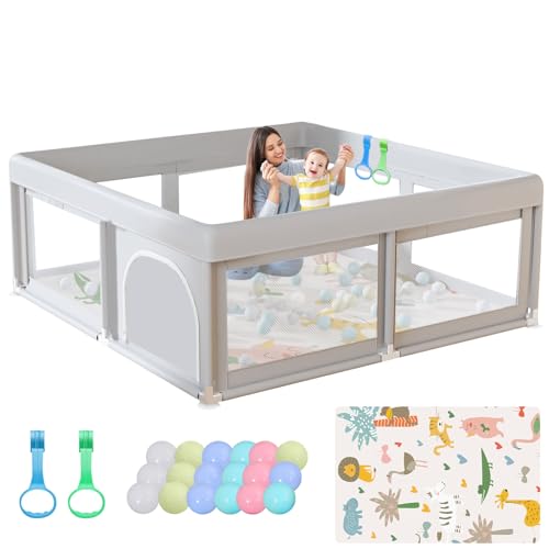 Baby Playpen with Mat and Ocean Balls - Light Grey + 50x50 Inch Play Area