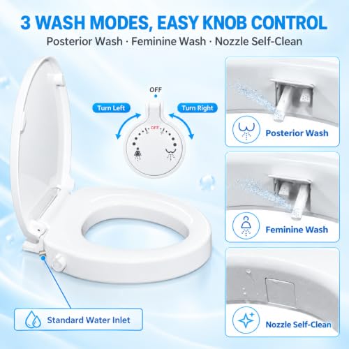 Heavy Duty Raised Toilet Seat with Bidet 3 Inch for Seniors, No Electric, Round 16.5''