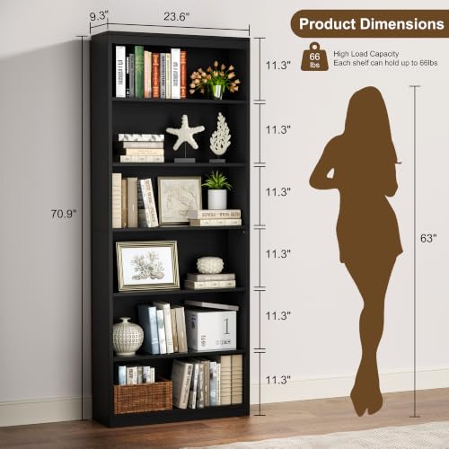 Shintenchi 6-Tier Tall Bookcase in Black, 23.6"W x 9.3"D x 70.9"H, Modern Industrial Shelving