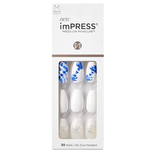 KISS Impress No Glue Mani 30 Pcs Press on Nails, White Nails with Glitter, Blue Tie-Dye Design, Medium Size, Coffin Shape Simple Peel & Press Easy Apply, Hassle-Free Removal, Essential Tools Included