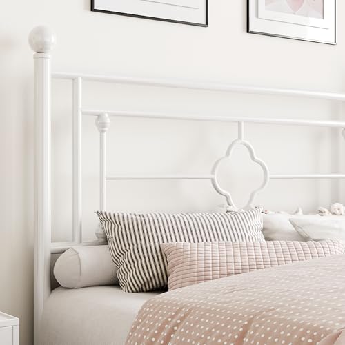 White Full Size Metal Platform Bed Frame with Headboard and Footboard - Noise-Free, Easy Assembly