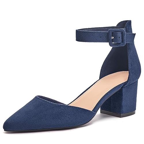 LAICIGO Women's Pointed Toe Pumps with Ankle Strap & Buckle - Chunky Heel Dress Shoes