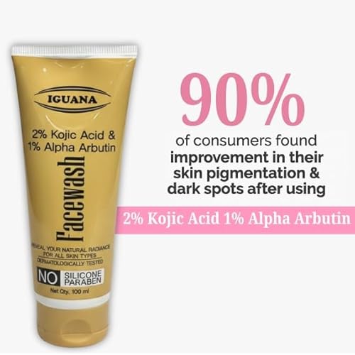 Iguana 2% Kojic Acid Face Wash with 1% Alpha Arbutin | Skin Brightening Facial Cleanser for Dark Spots & Pigmentation | Uneven Skin Tone Care | Paraben-Free Gentle Formula | 100ml (3.38 fl oz)