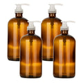 Kitchentoolz 32 Ounce Large Glass Pump Bottles - Refillable Dispenser for Laundry Detergent, Lotion, Soap, Shampoo, Oils. Amber Bottles with Natural Color Pumps - Pack of 4