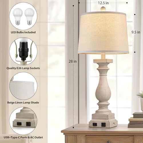 28-Inch Farmhouse Table Lamps Set of 2 with USB-C & AC Ports - Beige Vintage Nightstand Lamps - 3 Way Touch Control for Bedroom Living Room Office - Variation: Beige-2 Pack