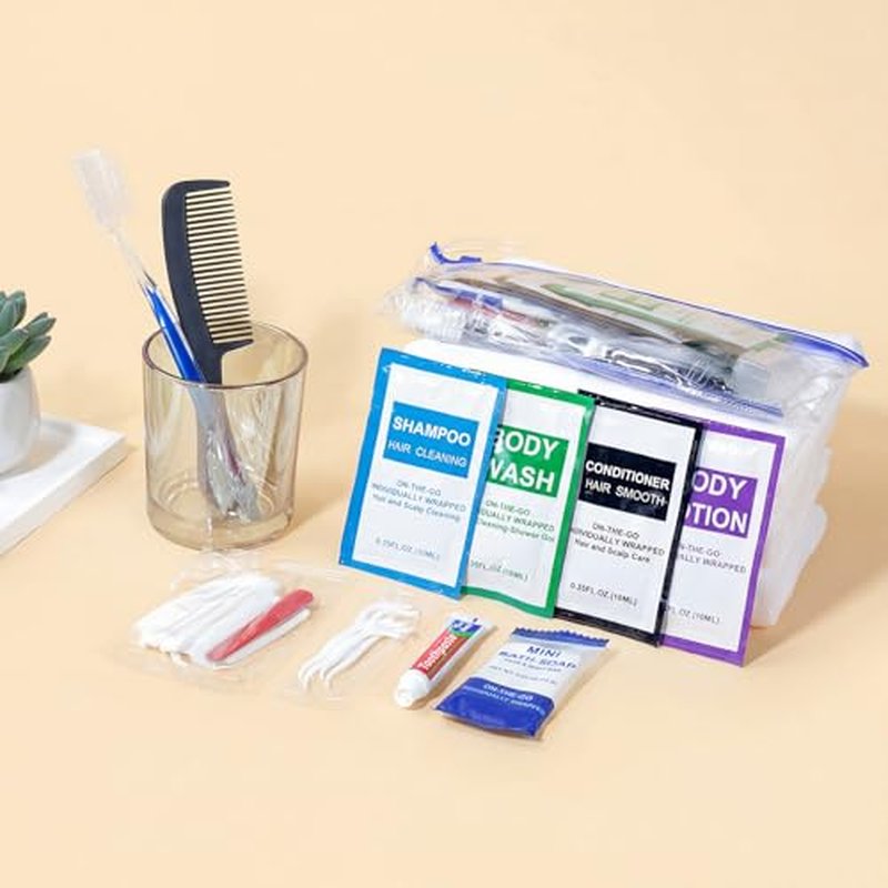30 Set Personal Hygiene Kit Bulk,12-IN-1 Individually Wrapped Blue Basic Toiletry Supplies Disposable Travel Toothbrushes and Hotel Vanity Set for Homeless,Guests,Charity