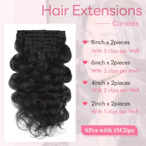 Clip in Hair Extensions 24 Inch Body Wave Jet Black 8pcs Brazilian Remy Human Hair