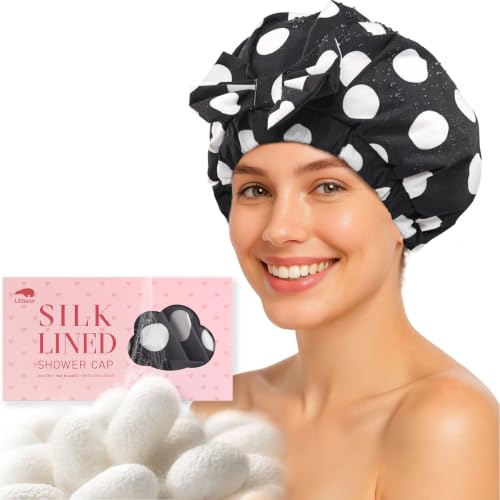LitBear Silk Lined Waterproof Shower Cap for Women - Black Dots