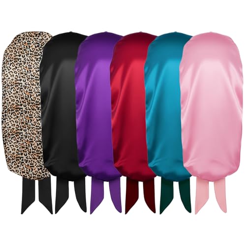 6 Pack Satin Hair Bonnets for Women – Large Silky Sleep Caps with Tie for Curly & Braided Hair, Red