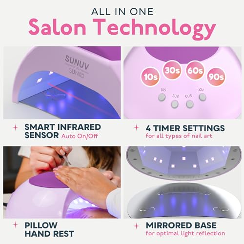 SUNUV SUN2C Purple 48W LED UV Light Nails Lamp, UV Lamp for Gel Nails with 4 Timer Settings,Hema-Free Gel Nail Polish Kit, 16 Colors Gel Polish Set