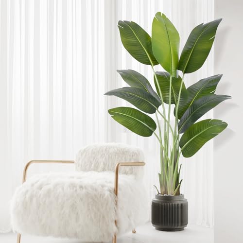 Artificial Bird of Paradise Tree 5ft Tall Fake Tropical Plant with White Pot - Indoor Decor