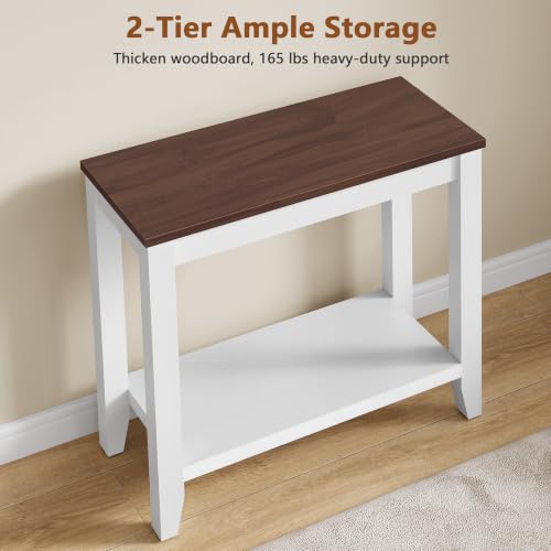 Hoctieon 2-Tier Wooden End Table Set of 2 White + Walnut Compact Nightstands for Small Spaces