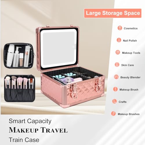 Makeup Box with Led Mirror,Travel Train Hard Case with Rechargeable Mirror Adjustable Dividers,Cosmetic Organizer Storage Bag for Makeup Artist,Appropriate Gift for Women Girls,Sparkling Rose Gold