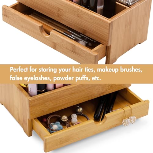 GOBAM Makeup Storage Drawer Organizer Bamboo Wood Cosmetic Display Box, Large Capacity Bathroom Beauty Countertop Organizer, Great for Bathroom Dresser