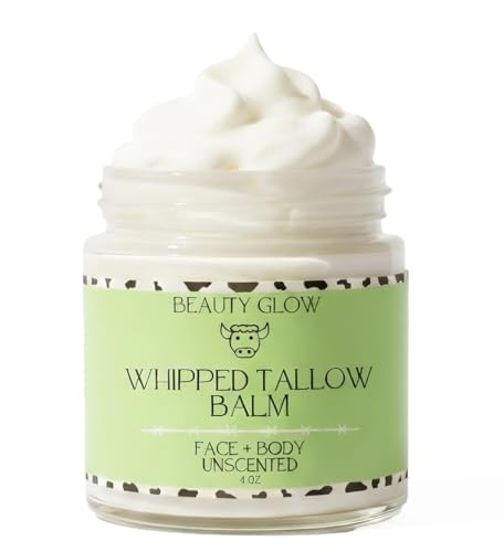 Organic Whipped Beef Tallow & Rosehip Oil Face & Body Moisturizer - Natural Grass Fed Balm for Dry Sensitive Skin, Unscented, 4 Fl Oz