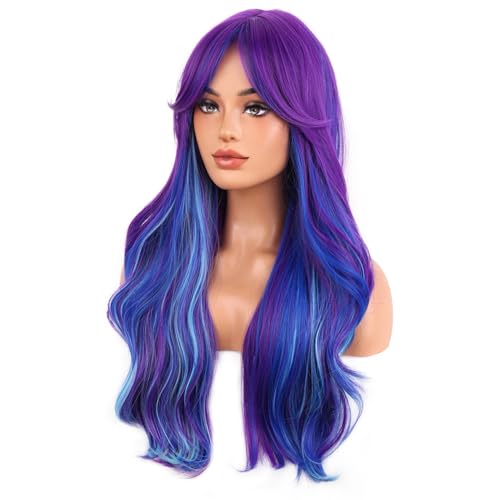 Dark Purple and Blue Wavy Heat-Resistant Synthetic Wig for Women Girls - Long Curly Costume & Daily Use Variation