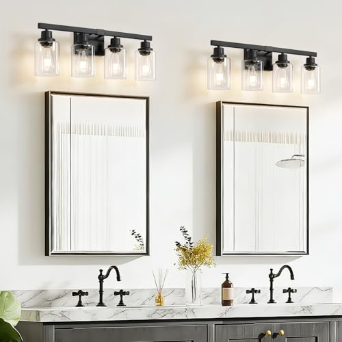 Black 4-Light Bathroom Vanity Light - Modern Matte Black Wall Sconce with Clear Glass Shades, Over Mirror, Bedroom & Living Room