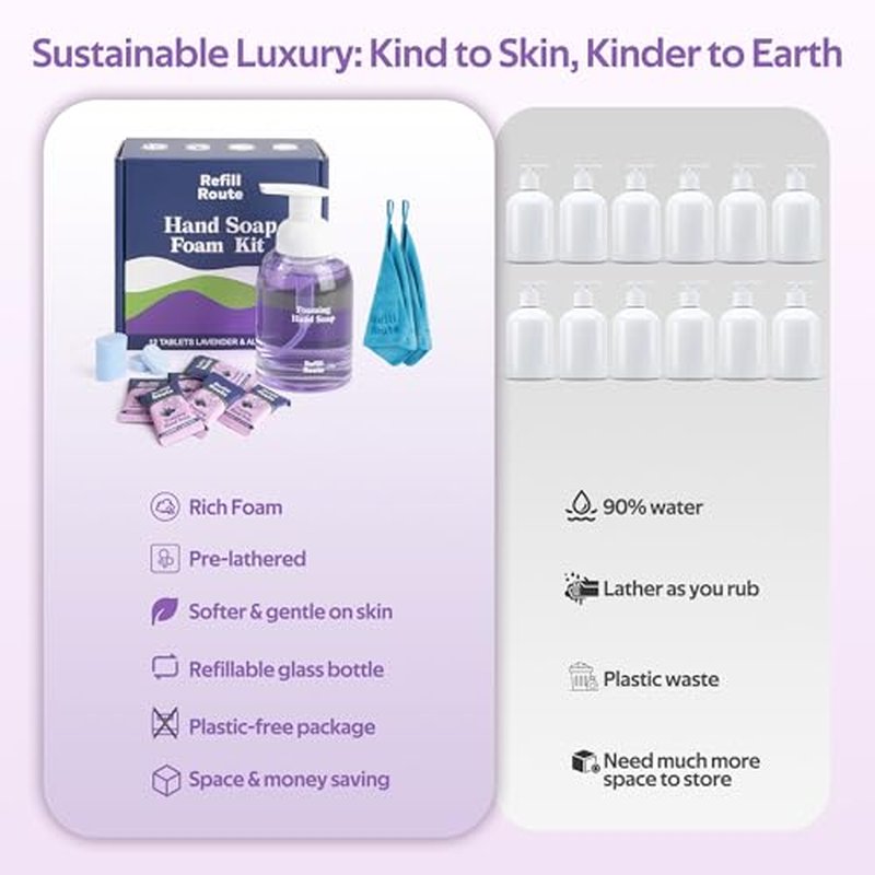 Foam Soap Refill with Dispenser Hand Wash Set, 12 Foaming Hand Soap Refills Tablets +1 Glass Foaming Dispenser +2 Microfiber Cloths, Make 96 fl oz - No Plastic, Cleansing & Moisturizing, Lavender