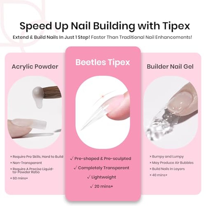 Beetles Tipex Instant Apex Nail Tips Kit, Stiletto Long, 224pcs 16 Sizes, with Tipex UV Nail Glue Mini Nail Lamp,Pre-Building Pre-Etched Strong Thicker Acrylic Nail Tips Set