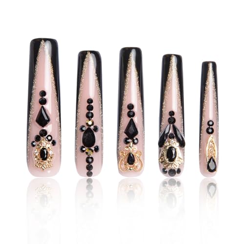 LOVFUL Press on Nails Obsidian Palace Black French Tip | Handmade with Full Covered Crystals | Reusable Full Cover Nails | Square Long 2.2 in | H165-S