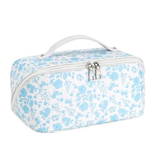 Travel Makeup Bag for Women PU Make Up Bag Portable Travel Cosmetic Bag with Removable Divider Large Makeup Bag Organizer Waterproof Toiletry Bag, Sky Blue