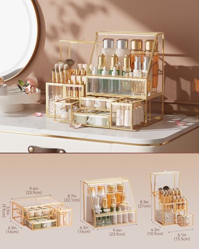 CoralHouse Clear Glass Makeup Organizer with Brush Holder - Modular Vanity Storage