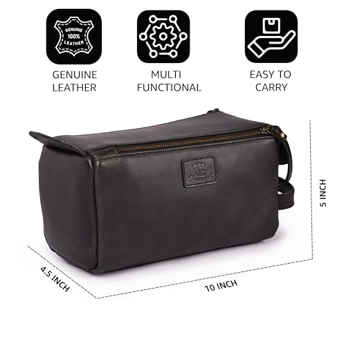 Genuine Leather Travel Toiletry Bag for Men & Women ? Premium Water-Resistant Large Dopp Kit, Shaving Organizer & Compact Bathroom Essentials Case - Black