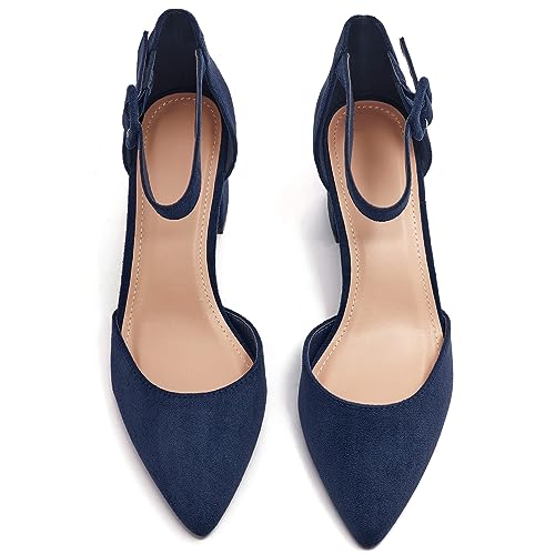 LAICIGO Women's Pointed Toe Pumps with Ankle Strap & Buckle - Chunky Heel Dress Shoes