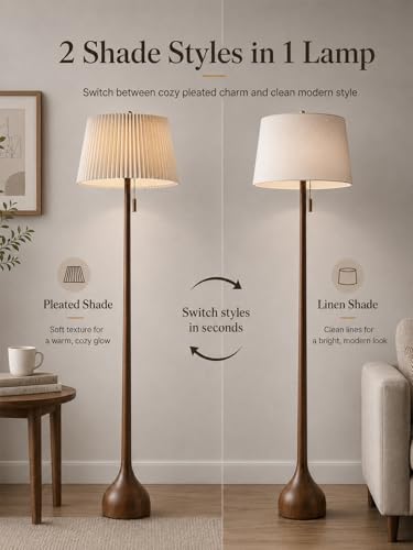 MOFFE Mid Century Modern Wood Floor Lamp with Remote & Amber Pull Chain, 2 Shades
