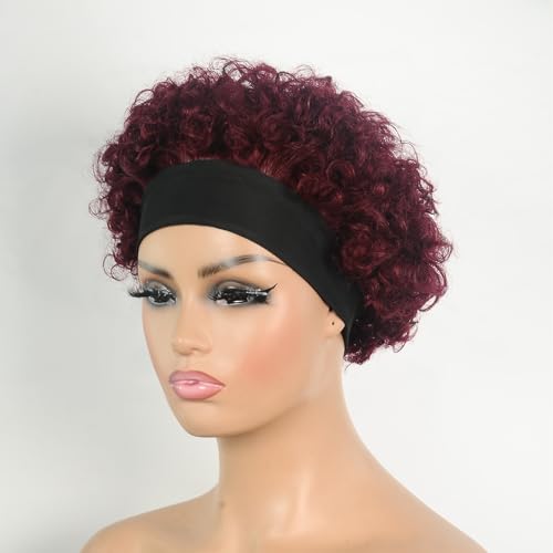 Red Short Curly Human Hair Headband Wig - Burgundy #99J 6 Inch, Glueless, 150% Density